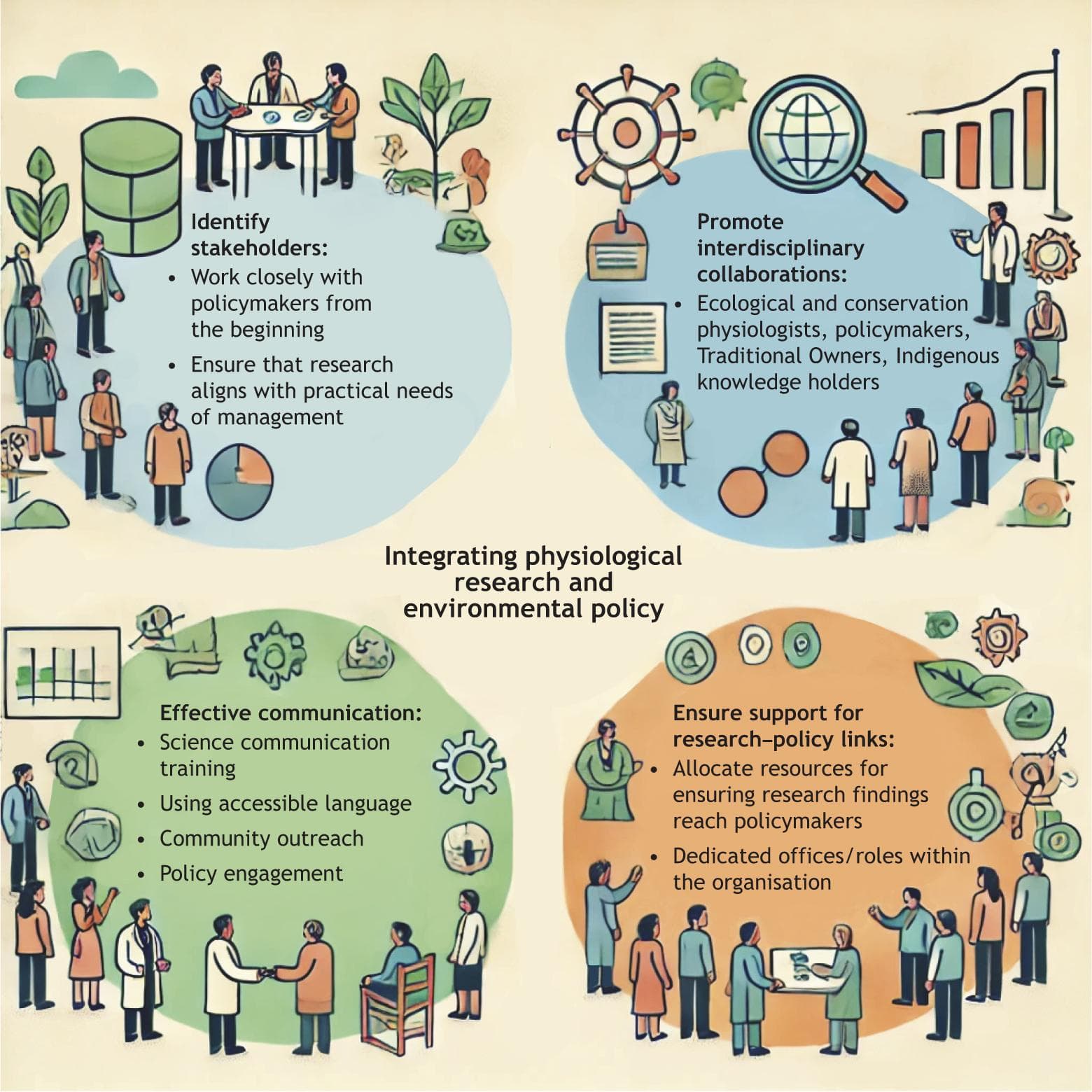 Illustrated infographic on integrating physiological research and environmental policy, highlighting stakeholder engagement, interdisciplinary collaboration, effective communication, and organisational support for linking research with policymaking
