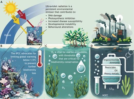 Four-panel scientific infographic showing major environmental stressors on marine ecosystems: UV radiation causing coral and DNA damage, climate warming and biodiversity loss, oxygen thresholds vital for conservation, and pollution from pesticides, oil, ammonia, heavy metals, and organophosphates